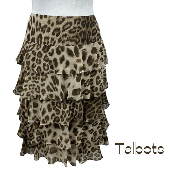 Talbots Sheer Brown Tan Animal Print Date Night Print Ruffled Skirt NWOT Size 14 - Picture 1 of 11